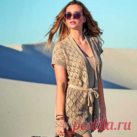 Удлиненный ажурный жилет с поясом