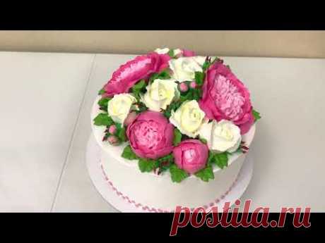ПИОНЫ из Белкового Крема! Розы из БЗК! Красивый торт!