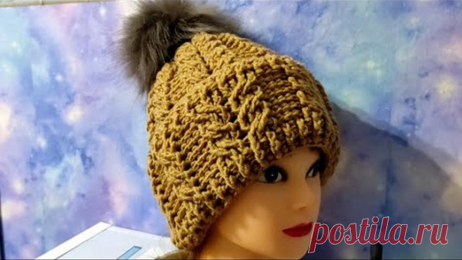 Шапочка ,,косами,, крючком. Шапка с фиксированным отворотом крючком.