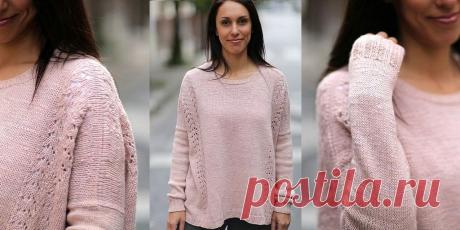 Вязанный пуловер бокси All the Love Вязаный спицами женский пуловер бокси с ажурными боковыми деталями. Свободный пуловер бокси с красивыми ажурными деталями по переду и спинке связан из натуральной пряжи секционного крашения.