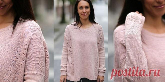 Вязанный пуловер бокси All the Love Вязаный спицами женский пуловер бокси с ажурными боковыми деталями. Свободный пуловер бокси с красивыми ажурными деталями по переду и спинке связан из натуральной пряжи секционного крашения.