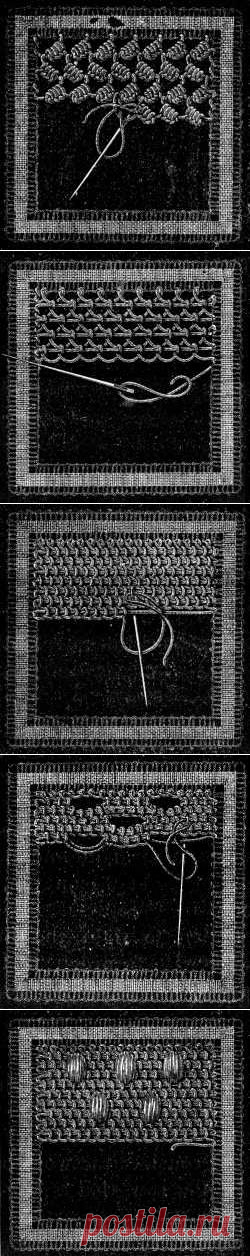 Irish Lace - Chapter XIII - Encyclopedia of Needlework, Irish lace materials, Irish lace patterns, tacking down the braids, bars of different kinds, Insertion stitches