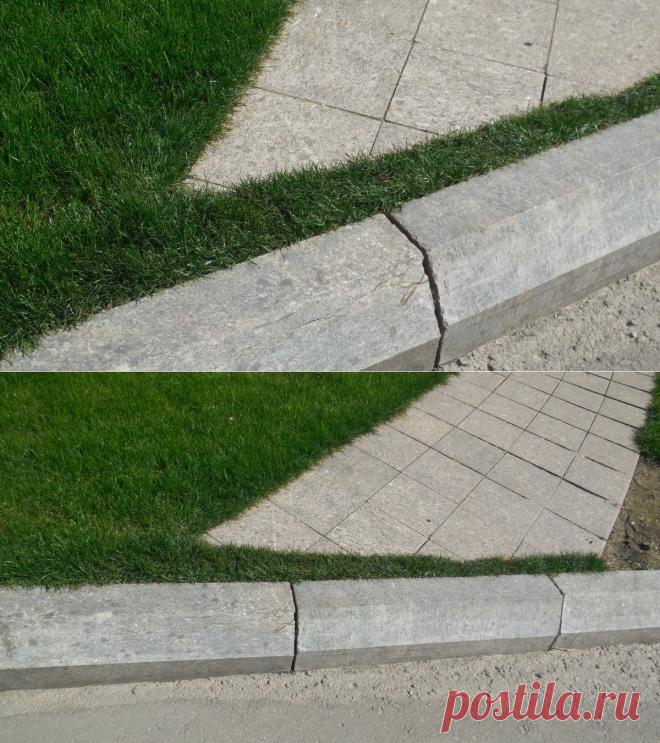 Необычное решение - трава перед дорожкой.Необычное решение наблюдали мы в одном из парков: начало дорожки от бордюра «венчала» газонная трава. И именно с нее, с этой небольшой живой зеленой полоски начиналась дорожка, выложенная плитками.