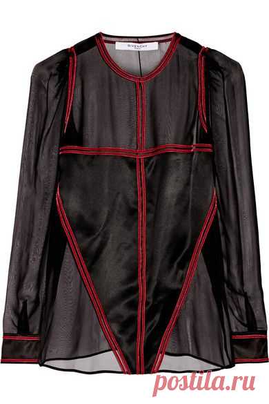 Givenchy | Blouse in velvet-trimmed and satin-paneled black silk-chiffon | NET-A-PORTER.COM