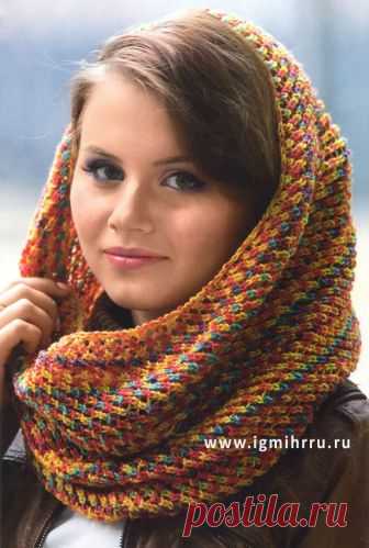 Разноцветный шерстяной шарф-хомут. Спицы