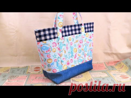 トートバッグ作り方 裏地付きマチあり簡単作り方　how to make a tote bag ポケットいっぱいトートバッグ