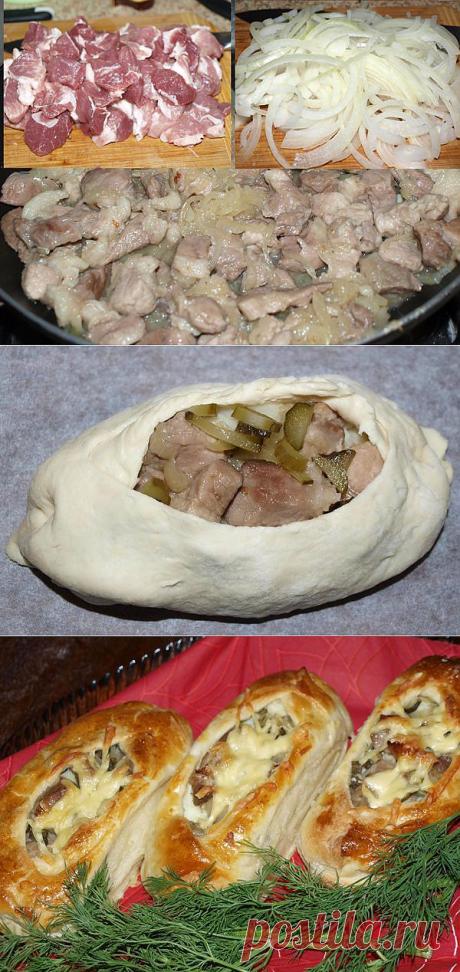 ЛОДОЧКИ из слоеного теста с картофелем, мясом и огурчиками.