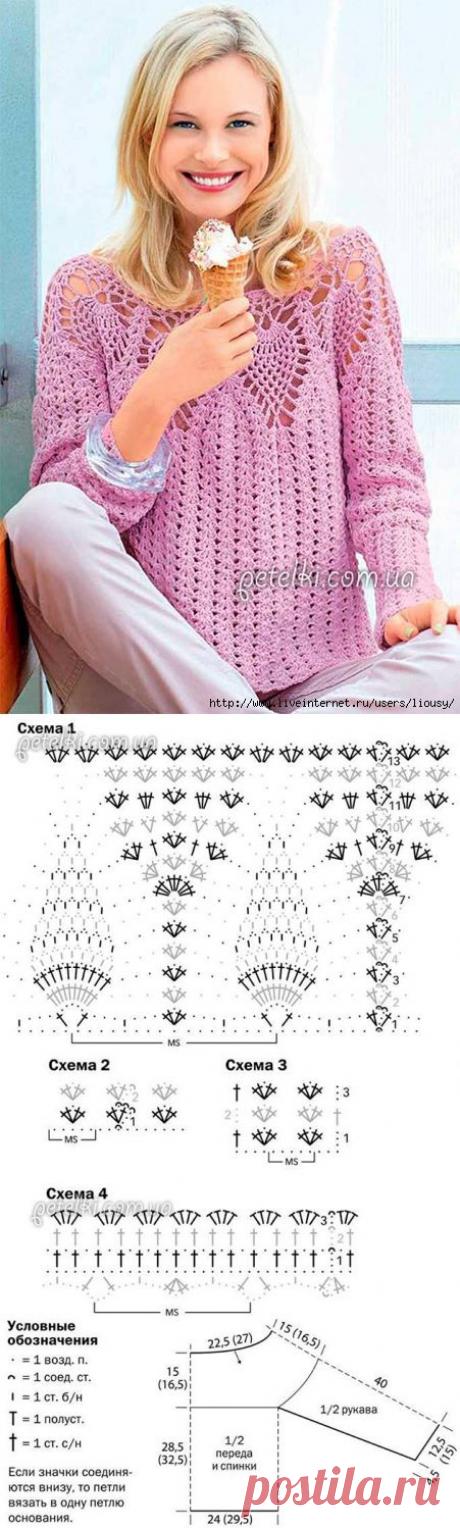 Ажурный пуловер с круглой кокеткой. Описание, схемы вязания