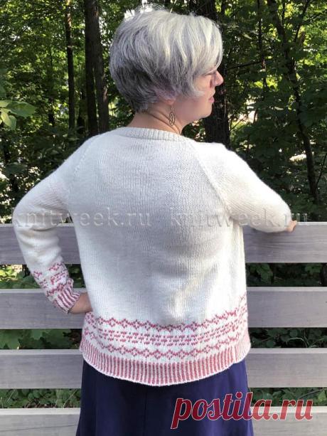 Новинка с сайта Knitweek.ru.Женский кардиган "Ашауэй" с рукавом реглан в классическом стиле жаккардом.Спицы