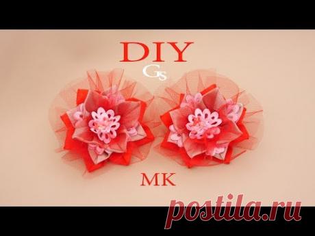 Яркий букет в одном цветке Канзаши. Новая резинка для волос. Рукоделие/DIY/Handmade