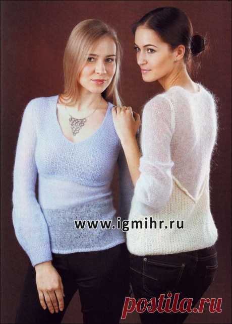 Нежные голубой и белый пуловеры из кид мохера. Спицы