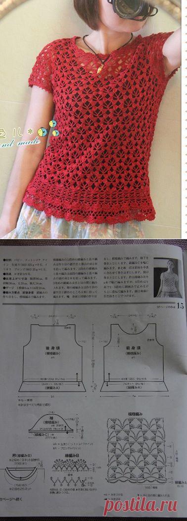 Летняя блуза крючком несложным узором.