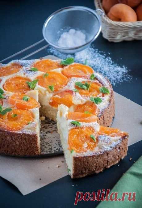 Пирог из полу-песочного теста с творогом и абрикосами.