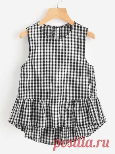 Top de cuadros con volantes y abertura -Spanish SheIn(Sheinside)