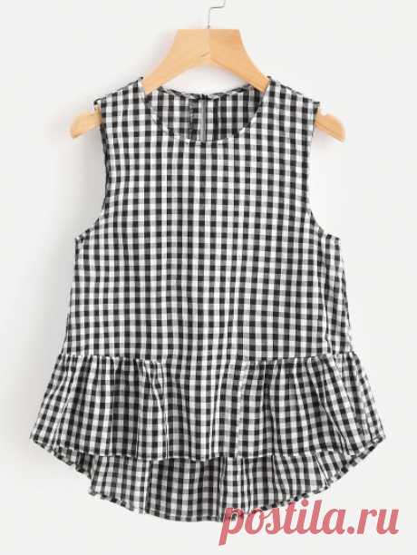 Top de cuadros con volantes y abertura -Spanish SheIn(Sheinside)