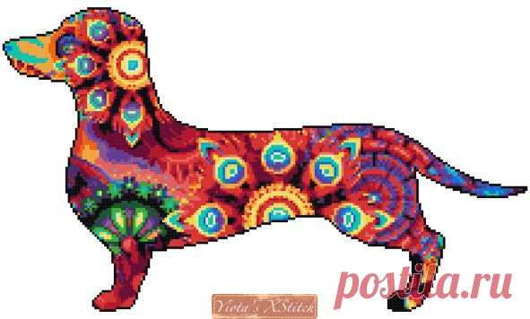 Mandala dachshund cross stitch kit Mandala dachshund counted cross stitch kit with whole stitches only.Note: the design is not printed on the fabric. Kit contains: Cross stitch pattern Fabric - see options available Threads pre-wound on plastic card bobbins Needle Instructions