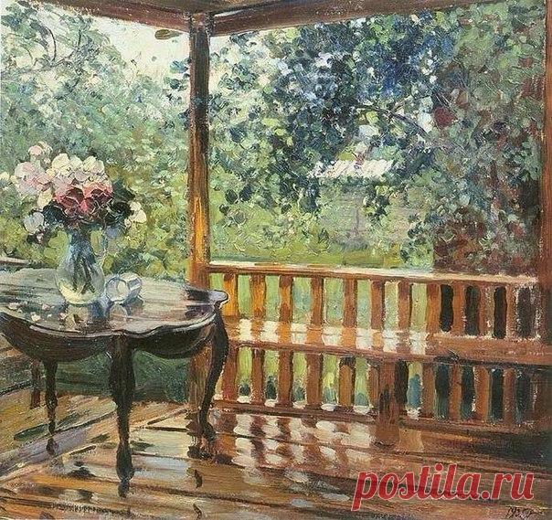 После дождя (Людмила Клёнова) / Стихи.ру(Монолог  художника)

Как двор украсил щедрый этот  дождь!
Покрыл слюдой веранду и перила…
И каждый лист - как глянцевая брошь,
И лепестки цветов заговорили,
Такую яркость красок обретя,
Такую свежесть зелени и цвета!
И мир вокруг смеётся, как дитя -
Любая ветка радостью одета!