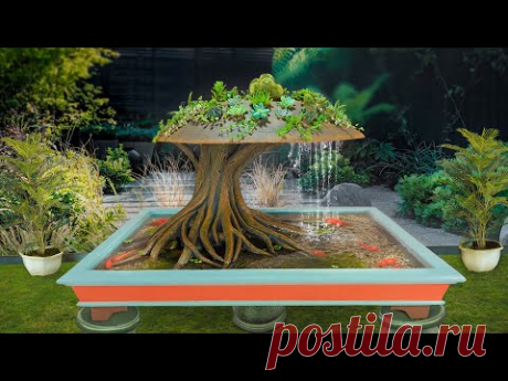 An amazing idea from cement! DIY the mushroom waterfall aquarium at home