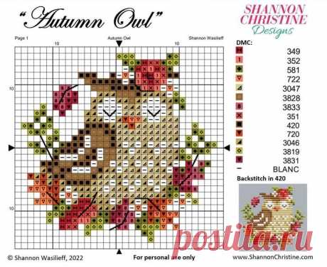 a cross stitch pattern with a teddy bear on it's back and the words autumn owl