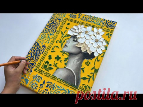 Уникальный коллаж в смешанной технике с текстурой, трафаретом и бархатной пудрой | Мастер-класс Vanoushe Art