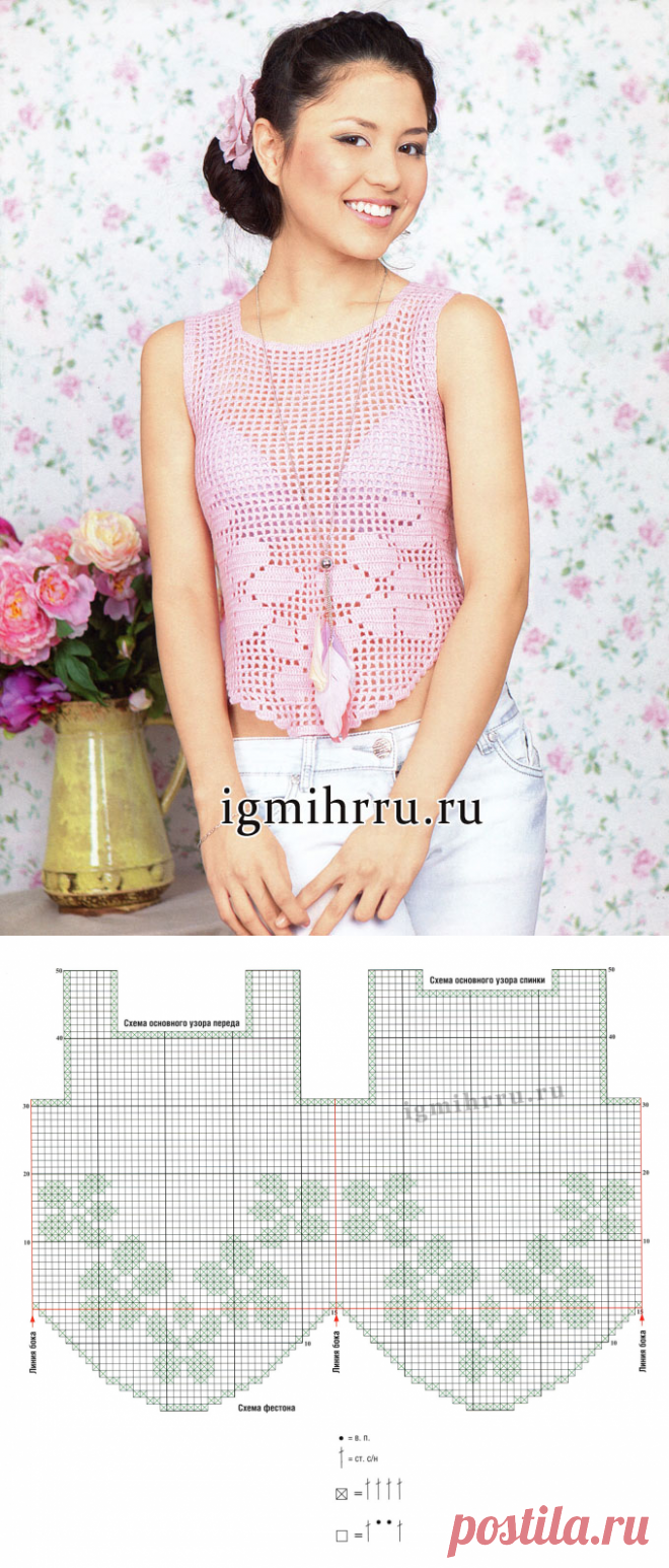 Как хорошо уметь вязать: Розовой филейный топ с цветочными мотивами. Вязание крючком.