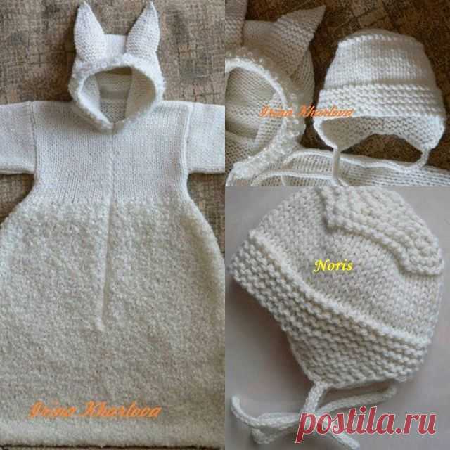Комплект, спальный мешок с заячьими ушками и шапочка #новорожденным #детям #подарокмолодоймаме #комплект #комплектнавыписку #спальныймешок #спальныймешокдляноворожденного #шапочка #оригинальныйспальныймешок #вязаниеспицами #вязание #вяжутнетолькобабушки #вяжуипродаю #irinakharlova #knit