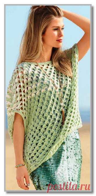 Вязание спицами. Описание женской модели со схемой и выкройкой. Широкий свободный пуловер с крупным ажурным узором. Размеры: 38–42