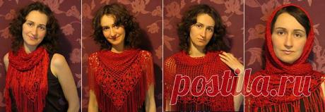 Красный платок, связанный ажурной сеткой, с цветочной каймой | Минчанка