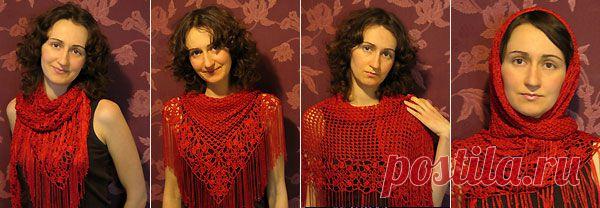 Красный платок, связанный ажурной сеткой, с цветочной каймой | Минчанка