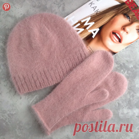 Комплект шапочка и варежки из итальянской пряжи Filati Biagioli Modesto Angora 80 цвет "Пыльная роза"