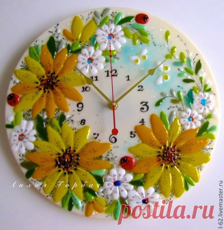 Pinterest - Купить фюзинг, часы из стекла Божьи коровки - желтый, Лилия Горбач, стекло, Фьюзинг, часы | часы - фьюзинг Лилии Горбач