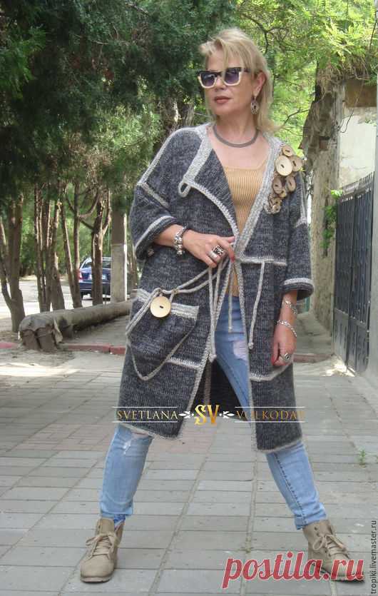 Купить Пальто вязаное с пуговицами авторское - серый, пальто, вязаное пальто, пальто женское