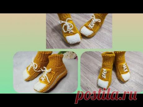 #кедыСпицами Носочки на двух спицах Без шва по подошве в виде кедов.