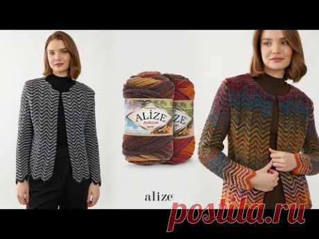 Кардиган с узором зигзаг с пряжей Alize Superlana Midi