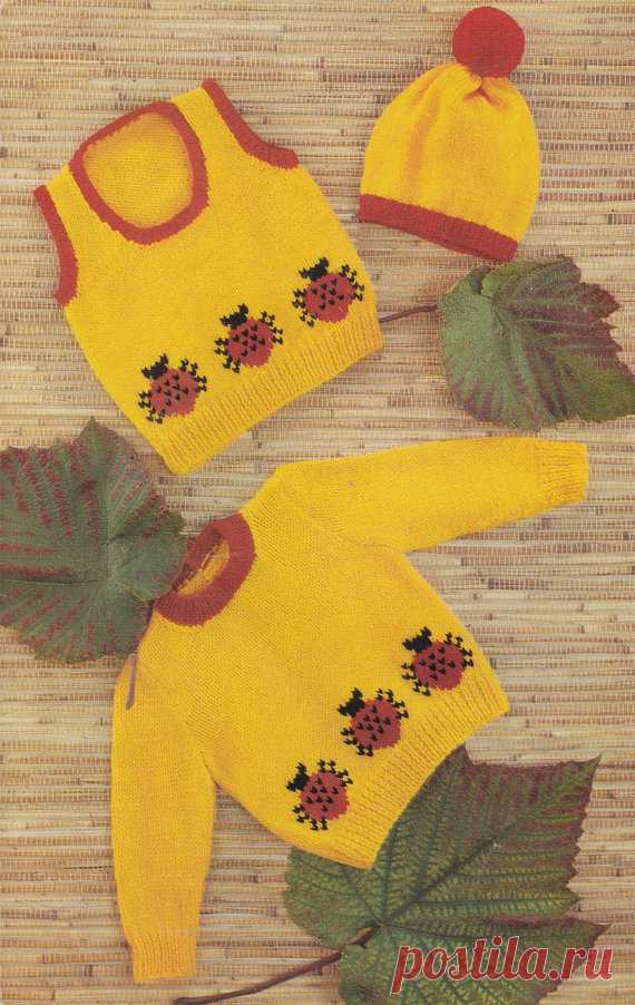 baby and toddler vintage knitting pattern pdf ladybird pompom hat vest and jumper in dk sizes 19-22 inches This item is a PDF file of the knitting pattern for these gorgeous ladybird garments in four sizes, 19 up to 22 inch chest. A cute vest, jumper and ladybird, super cute!    The picture is not charted, it is worked within the regular pattern.    Double knitting yarn is required to knit these items.    The pattern will be available for download upon receipt of payment, ...