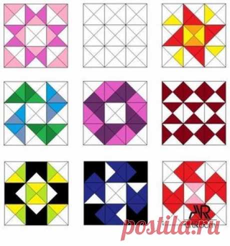 Пэчворк. Образцы лоскутных блоков с использованием квадратов и треугольников