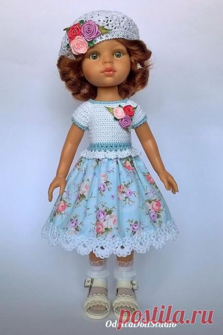 Summer dress for dolls 13 &quot;Paola Reina, Little Darling, Corolle Les Cheries, Antonio Juan, Berjuan in delicate white and blue colors is made by combining crochet (bodice of the dress) and fabric ...