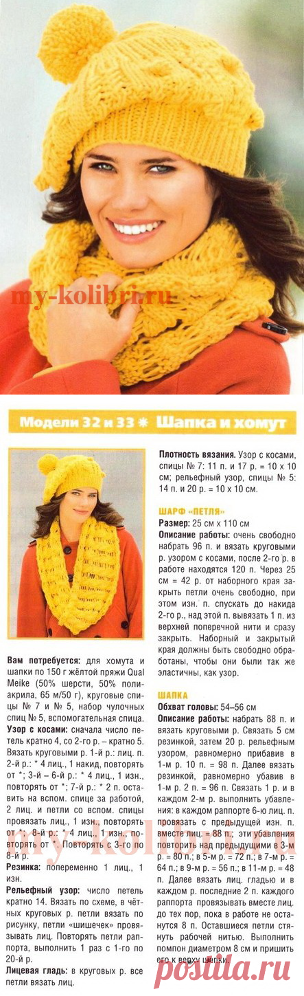 Шапка и снуд спицами рельефным узором