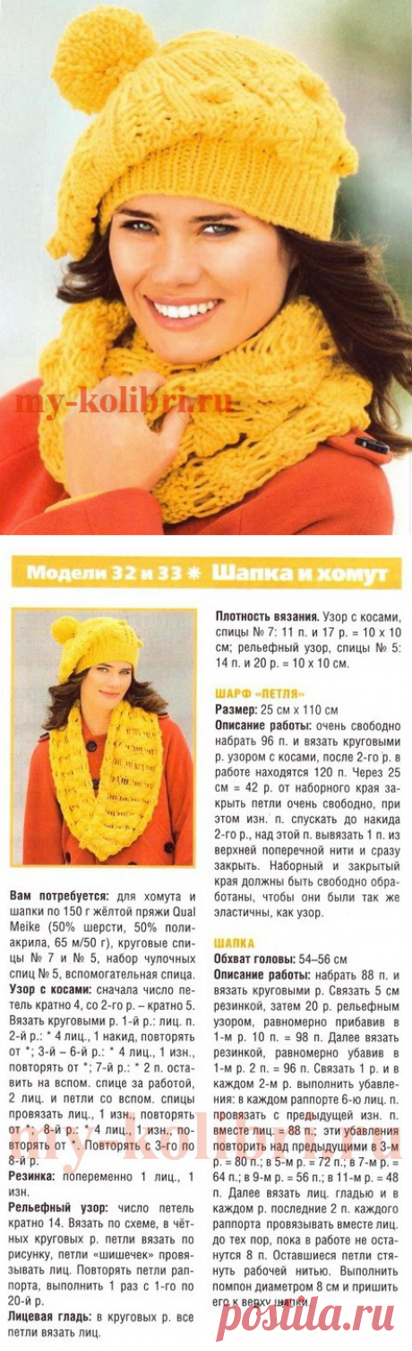 Шапка и снуд спицами рельефным узором