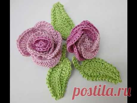 ▶ Роза из колец + листочек Вязание крючком Rose from rings + leaf Knitting by a hook - YouTube