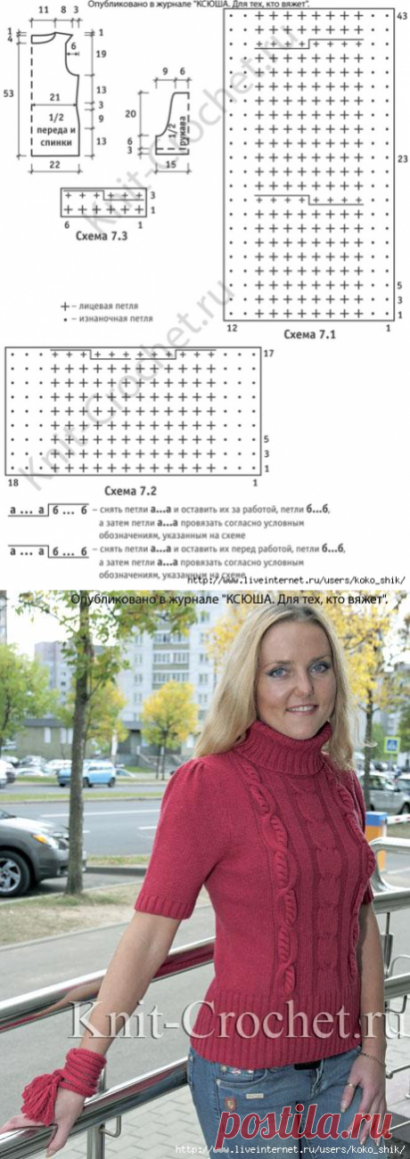 Вязание спицами - Малиновый свитер спицами с коротким рукавом