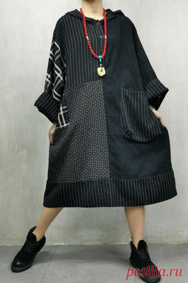Women Oversized dress Retro Dress Cotton linen Hooded Dress | Etsy