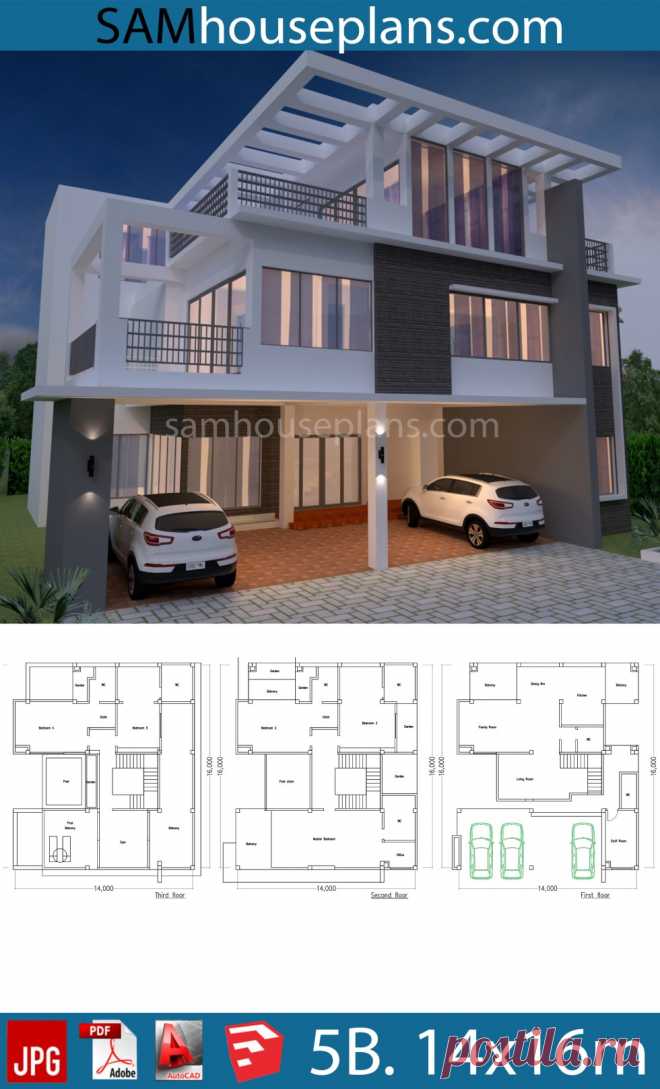 House Plan 14x16m with 5 Bedrooms - SamHousePlans