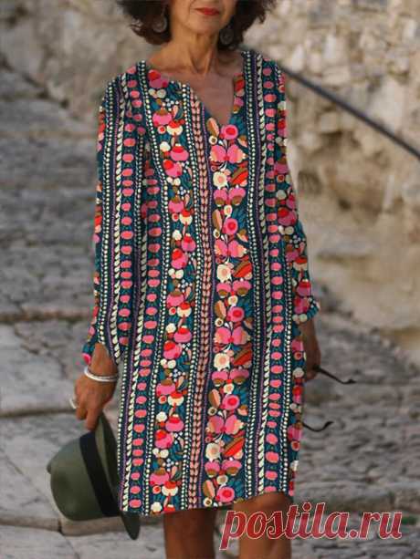 Vintage Bohemia Floral Stripe Print Holiday V-neck Long Sleeve Midi Dress - US$16.99