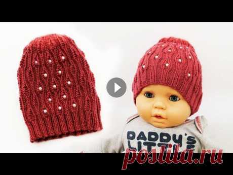 Beautiful knitted hat for little and big girls, decorated with beads in front in a checkerboard pattern. Size: 44-46 (48-50, 52-54, 56-58) cm. Materia...