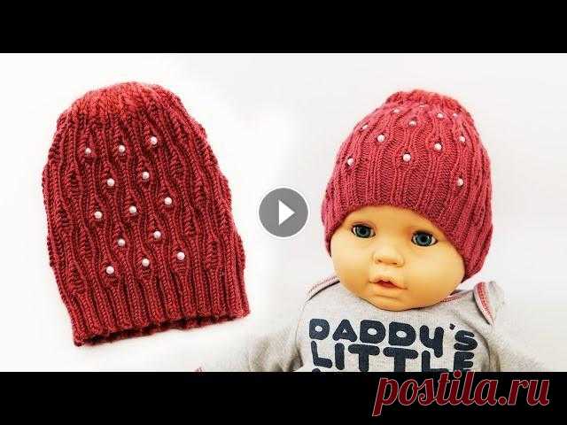 Beautiful knitted hat for little and big girls, decorated with beads in front in a checkerboard pattern. Size: 44-46 (48-50, 52-54, 56-58) cm. Materia...