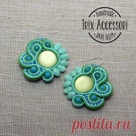 Soutache earrings &quot;Revisited Mojito&quot;, hand sewn, mint green, yellow, jade…