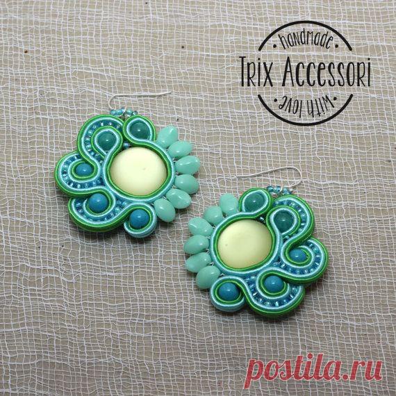 Soutache earrings "Revisited Mojito", hand sewn, mint green, yellow, jade…