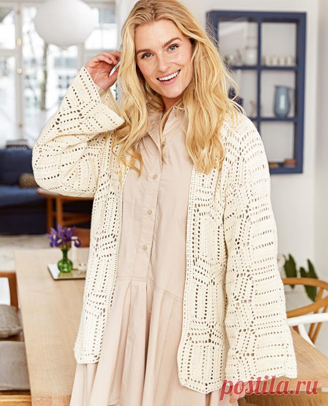 Кардиган, связан крючком из отдельных мотивов. Схемы мотивов, описание вязания кардигана.