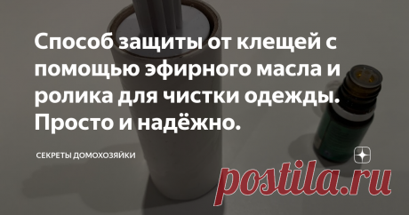 Способ защиты от клещей с помощью эфирного масла и ролика для чистки одежды. Просто и надёжно. Сегодня я хочу рассказать своим читателям об эффективном способе защиты от клещей с помощью эфирного масла и ролика для чистки одежды. Этот способ я узнала три года назад и с тех пор не находила ни одного клеща ни на теле, ни на одежде. Проблема клещей, особенно в весеннее время года, актуальна уже несколько десятков лет, а 2020 год из-за аномально тёплой зимы, не то что не станет исключением, а
